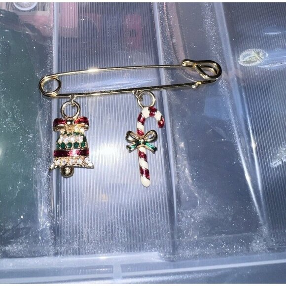 Gold Tone Brooch Safety Pin Christmas Holiday Dangle Charms Bell Candy Cane - Picture 3 of 8